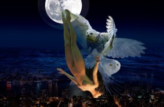 Голая женщина падающая в низ головой, за ней падает белая сова