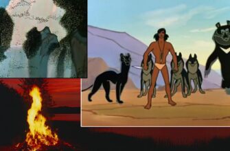 Кадры из мульфильма "Маугли" с лева дикие пчёлы, с права Маугли, волки, Багира и Балу