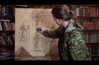 Картина в египетском стиле, рядом с картиной женщина что то показывает