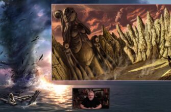 Женщина поклоняется статуям других женщин в пустыне с права, водоворот с лева, Меняйлов по центру