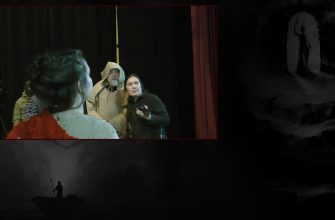 Меняйлов и труппа лиц на съемочной площадке с лева и портал Гекаты с права