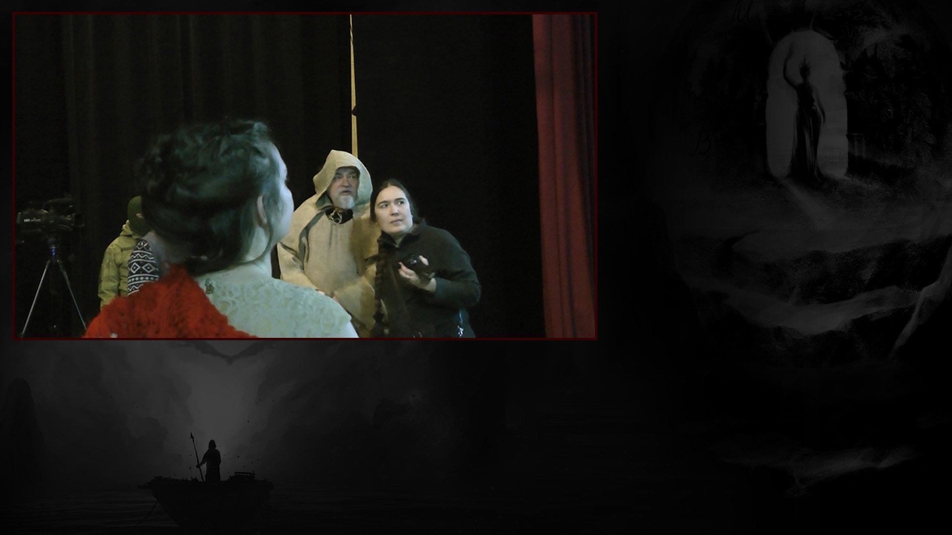 Меняйлов и труппа лиц на съемочной площадке с лева и портал Гекаты с права