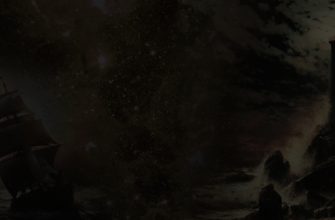 Карабль в ночи разбивающийся о подножье маяка