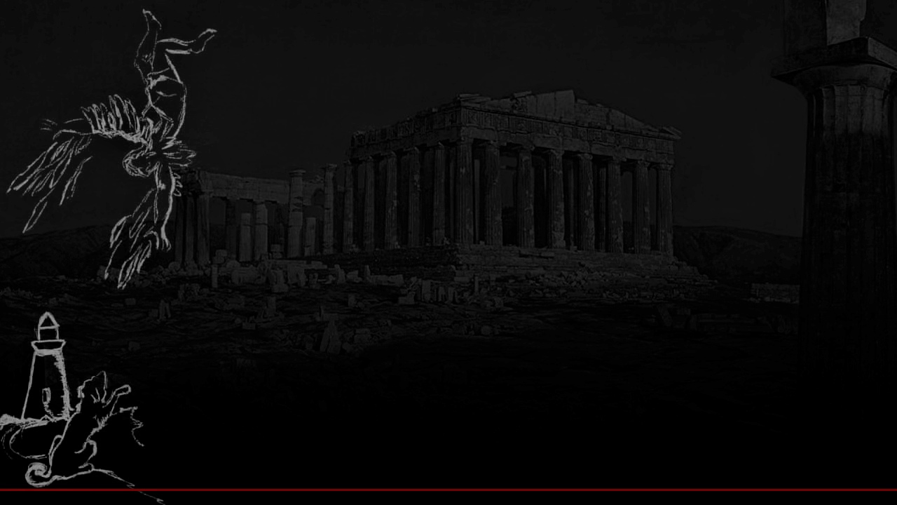 с лева в верху падающий Икар, с низу собака рядом с маяком, с права руины храма