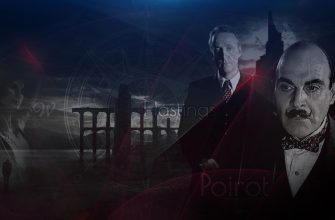 Кадры из фильма "Пуаро" с права, женщина с черепом в руке с лева и компас по центру